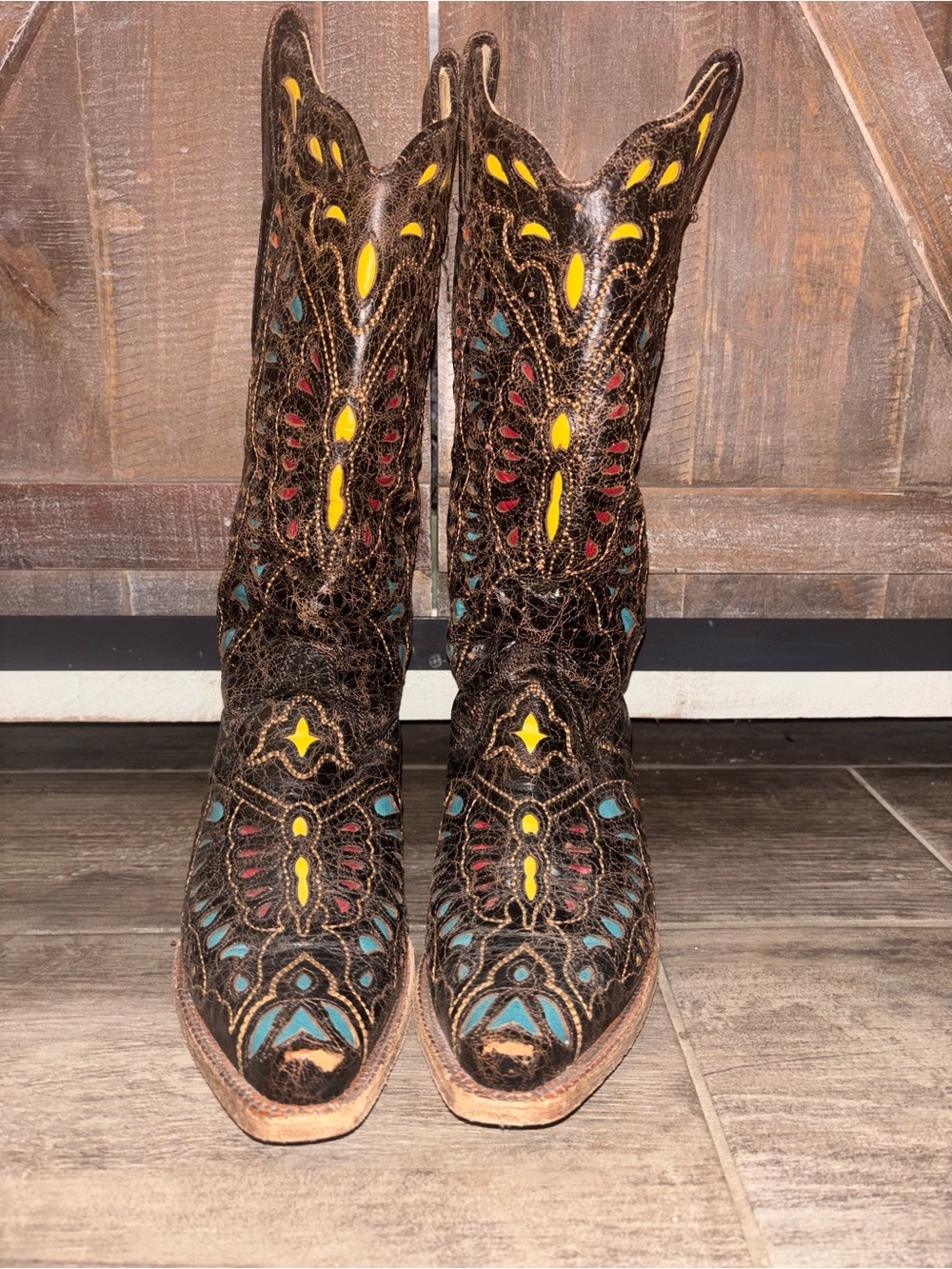 Women's Distressed Brown Western Heeled Boots with Multicolor Cutouts